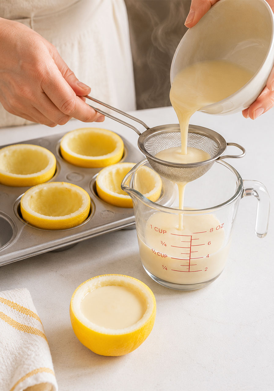 Pouring strained lemon posset cream through a fine-mesh sieve into hollowed lemon shells in a muffin tin