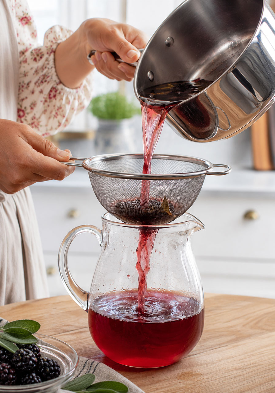 Straining blackberry sage iced tea through a mesh strainer into a glass pitcher