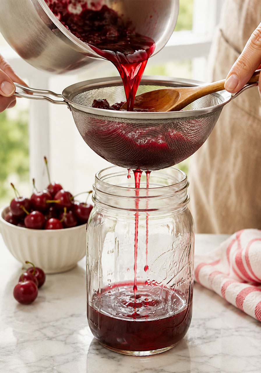 Pressing homemade cherry pie syrup through a fine mesh strainer into a glass jar for cherry iced tea