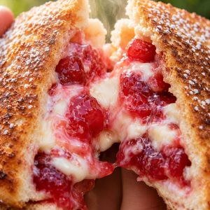 Cross-section of a strawberry cheesecake pudgy pie showing gooey strawberry and cream cheese filling inside toasted bread