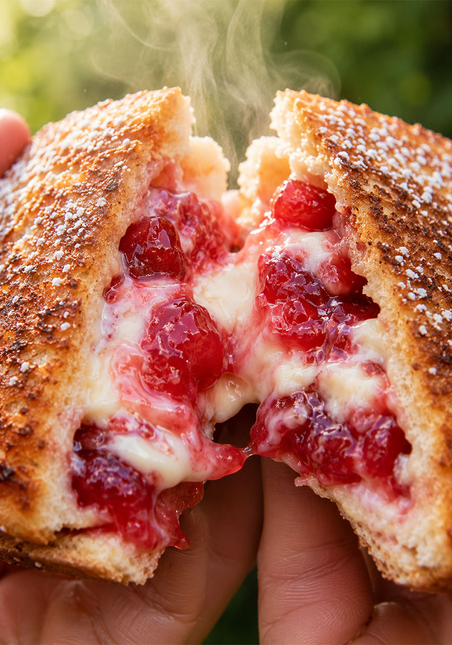 Cross-section of a strawberry cheesecake pudgy pie showing gooey strawberry and cream cheese filling inside toasted bread