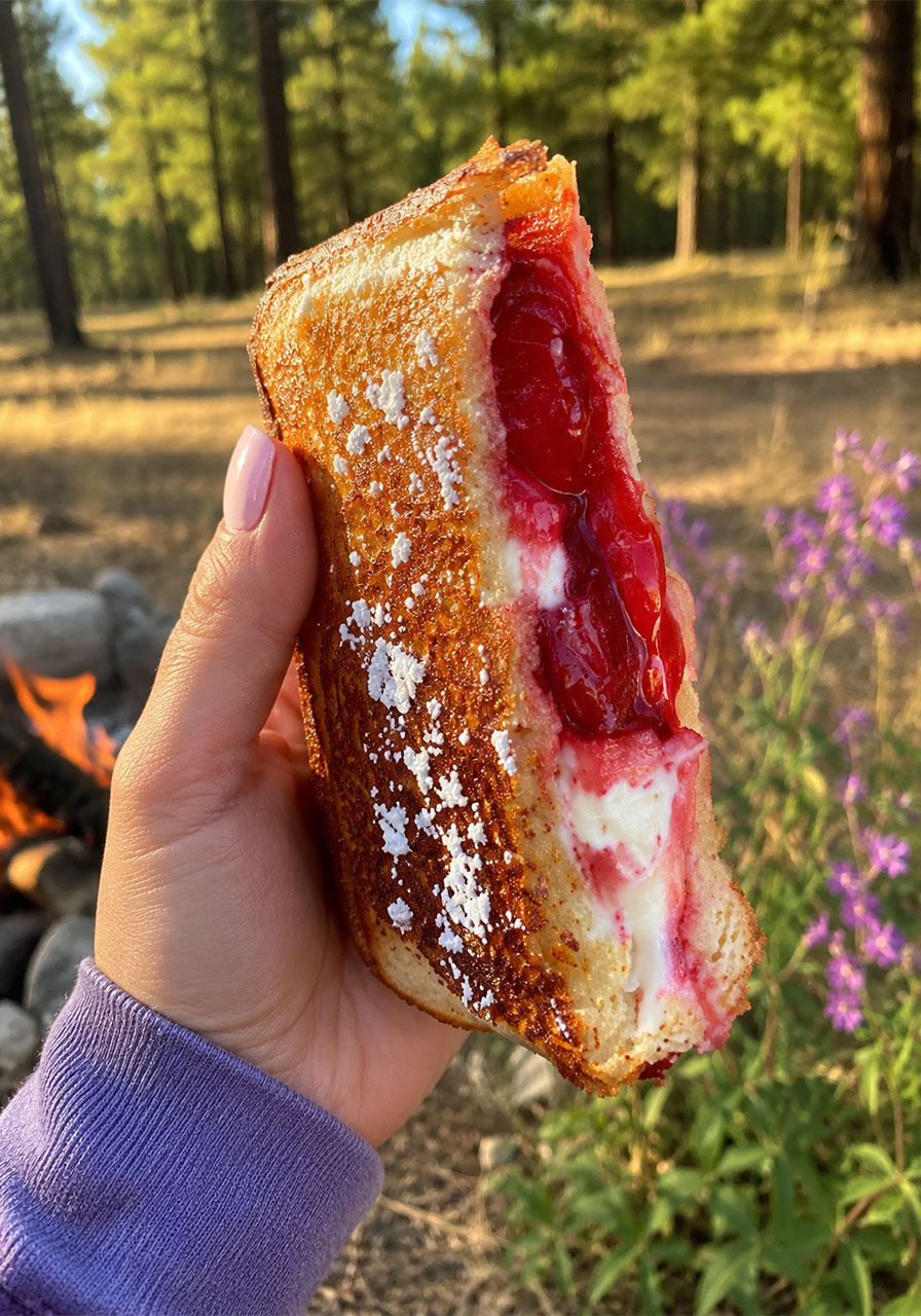 Golden-brown strawberry cheesecake pudgy pie held outdoors showing gooey strawberry and cream cheese filling