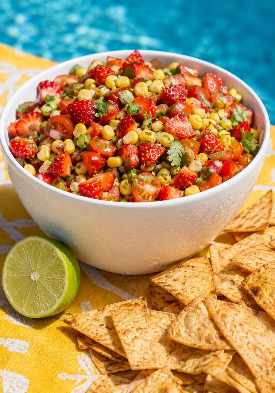 Colorful strawberry corn salsa in a white bowl with tortilla chips – unique easy pool party appetizer