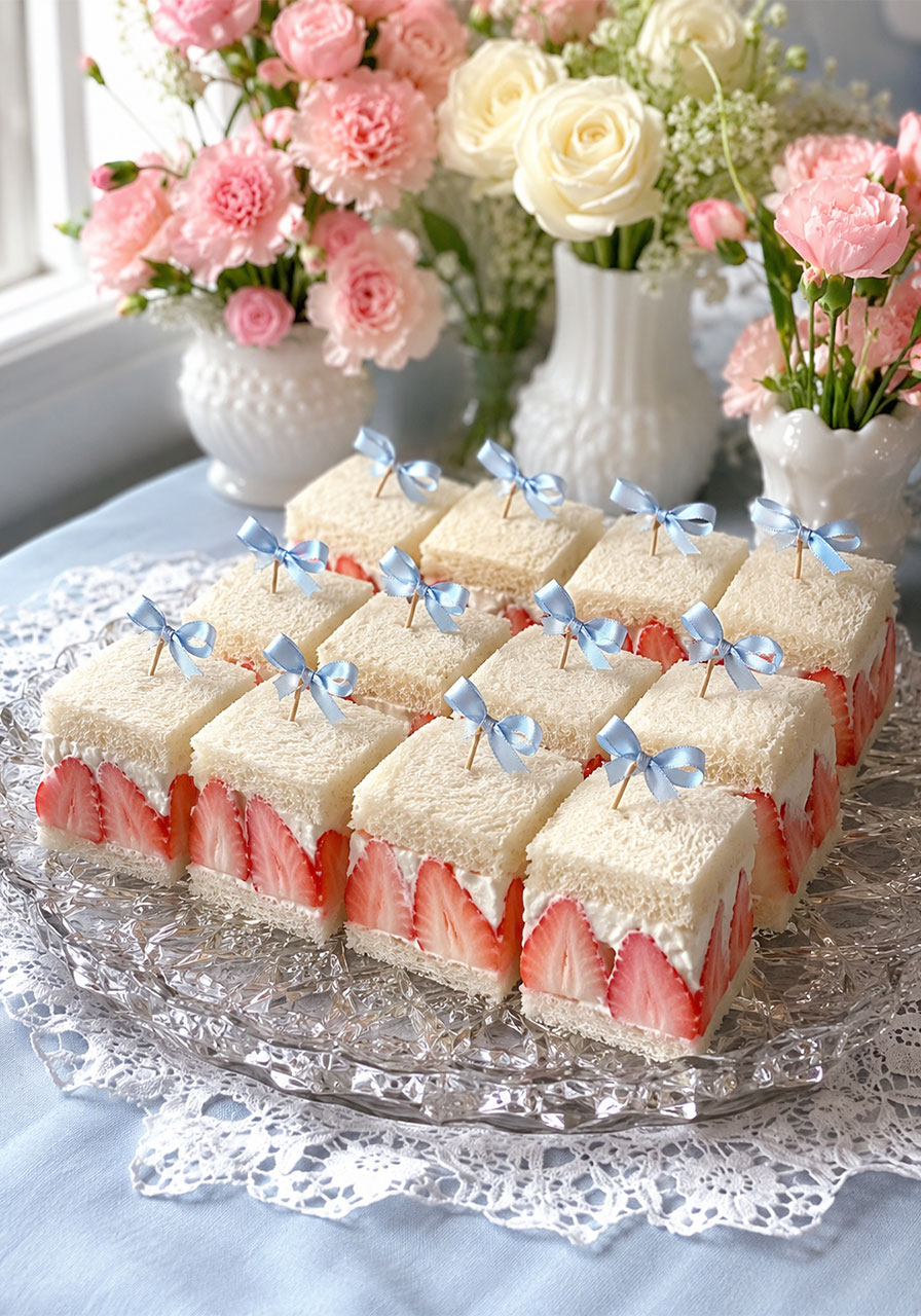 Strawberry cream tea sandwiches with blue bow picks on a crystal plate for a coquette party