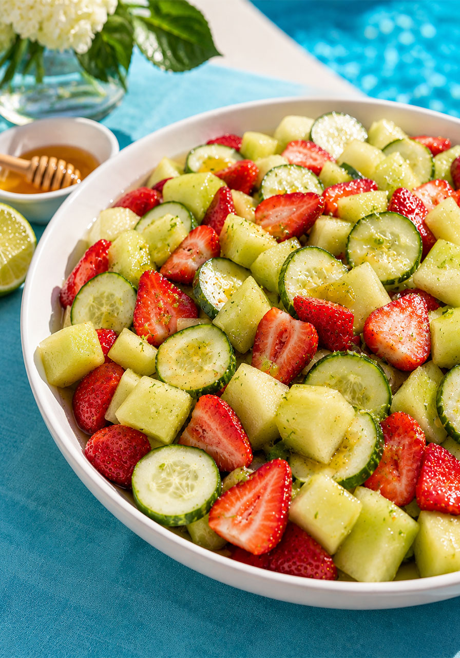 Strawberry cucumber and honeydew salad with honey-lime dressing – colorful easy pool party side dish
