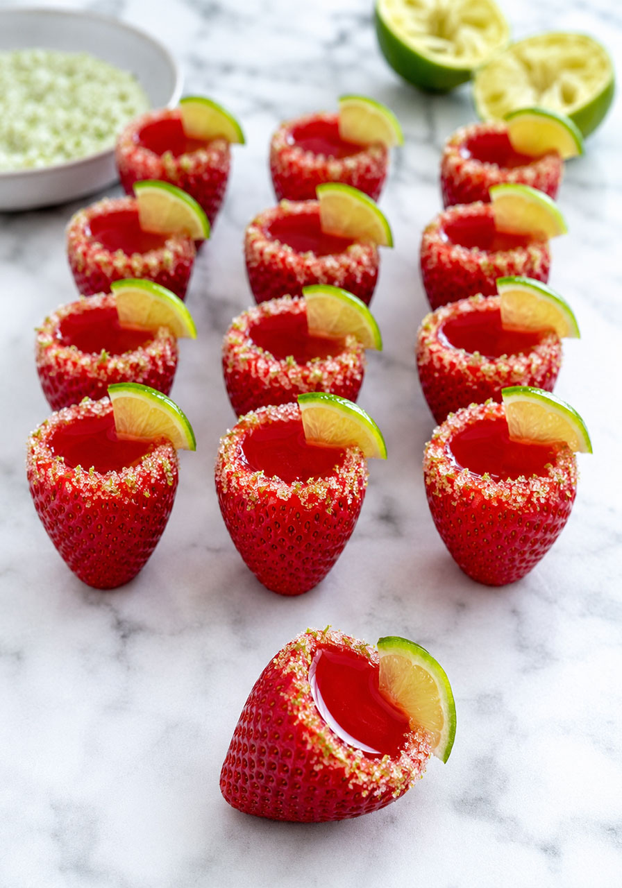Strawberry margarita Jell-O shots served in hollowed strawberries, coated in lime sugar and garnished with lime wedges, arranged on a white marble surface