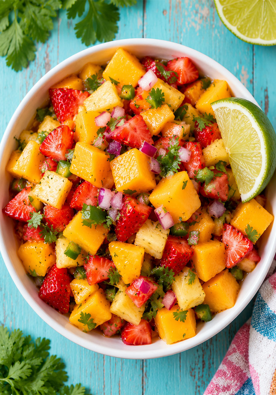 Strawberry pineapple salsa variation with fresh diced mango for an extra tropical twist