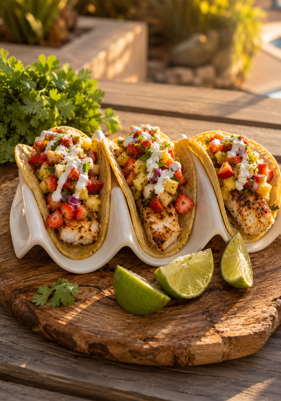 Colorful fish tacos topped with fresh strawberry pineapple salsa and a drizzle of crema