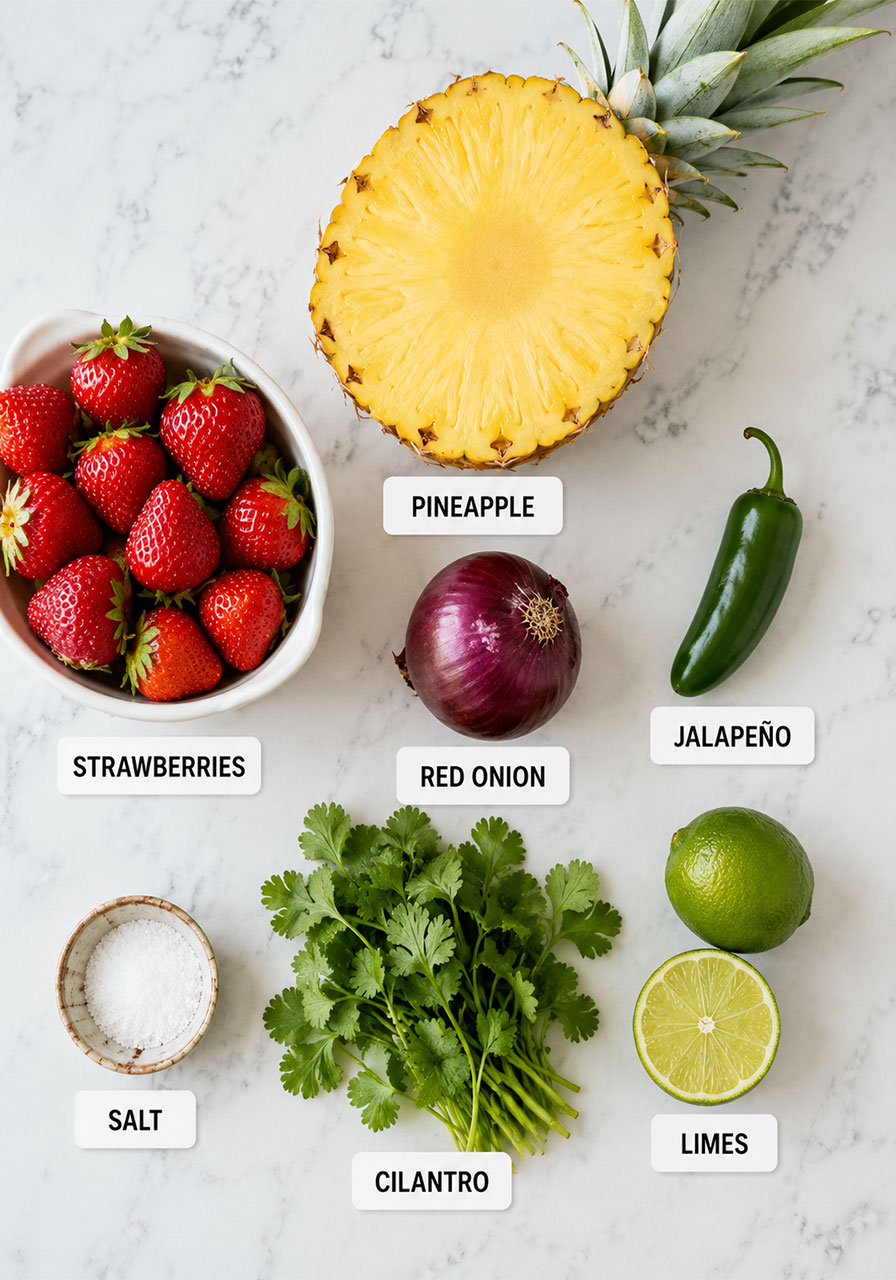 Fresh ingredients for strawberry pineapple salsa including strawberries, pineapple, red onion, jalapeño, cilantro, and lime