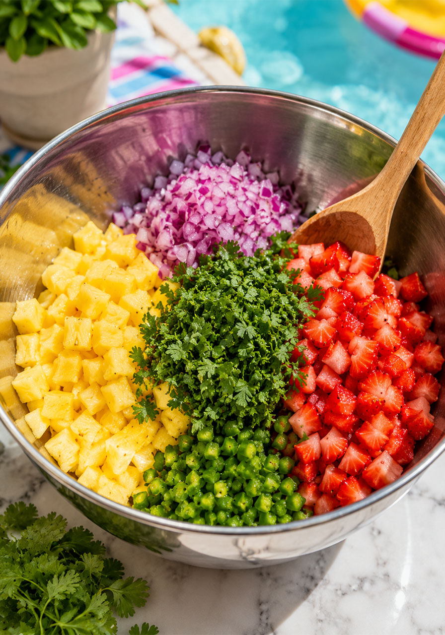 All fresh ingredients for strawberry pineapple salsa combined in a large mixing bowl before stirring