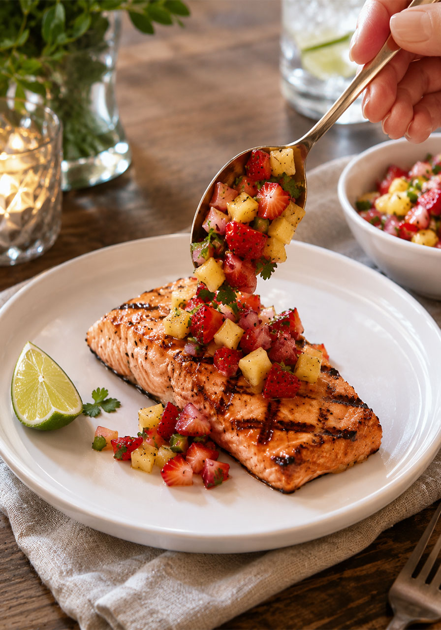 Spooning fresh strawberry pineapple salsa over a grilled salmon fillet for an easy summer dinner