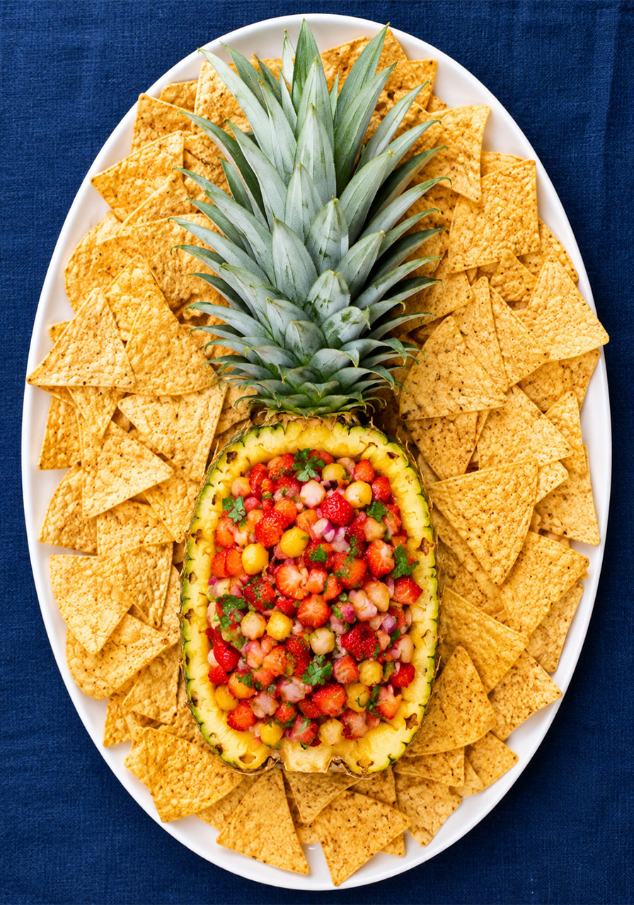 Overhead view of strawberry pineapple salsa in a pineapple bowl surrounded by tortilla chips on a serving platter