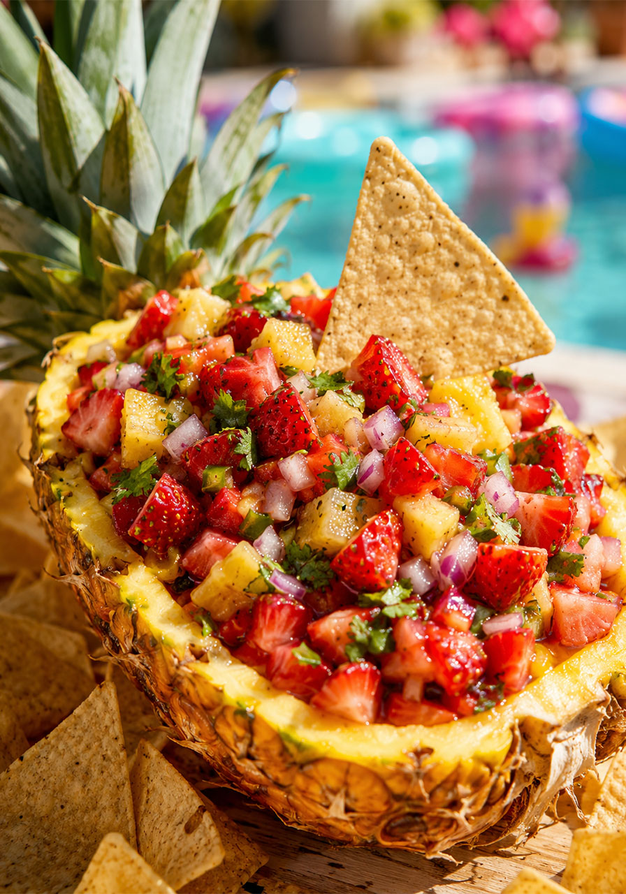 Fresh strawberry pineapple salsa served in a hollowed pineapple bowl with a tortilla chip