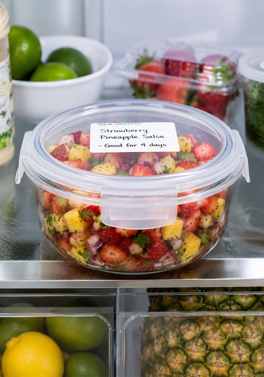 Leftover strawberry pineapple salsa stored in a clear airtight glass container in the refrigerator