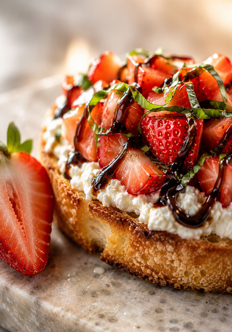 Close-up of single strawberry ricotta bruschetta piece showing creamy ricotta, fresh strawberries, basil, and balsamic glaze drizzle