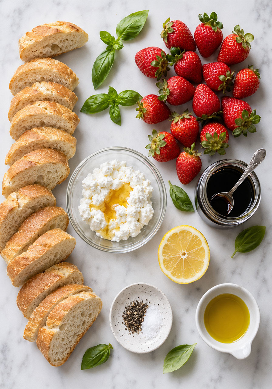 All ingredients for strawberry ricotta bruschetta including ricotta cheese, fresh strawberries, baguette, honey, basil, and balsamic glaze laid flat on white marble