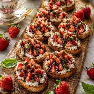 Strawberry ricotta bruschetta on wooden board with balsamic glaze and fresh basil, perfect party appetizer