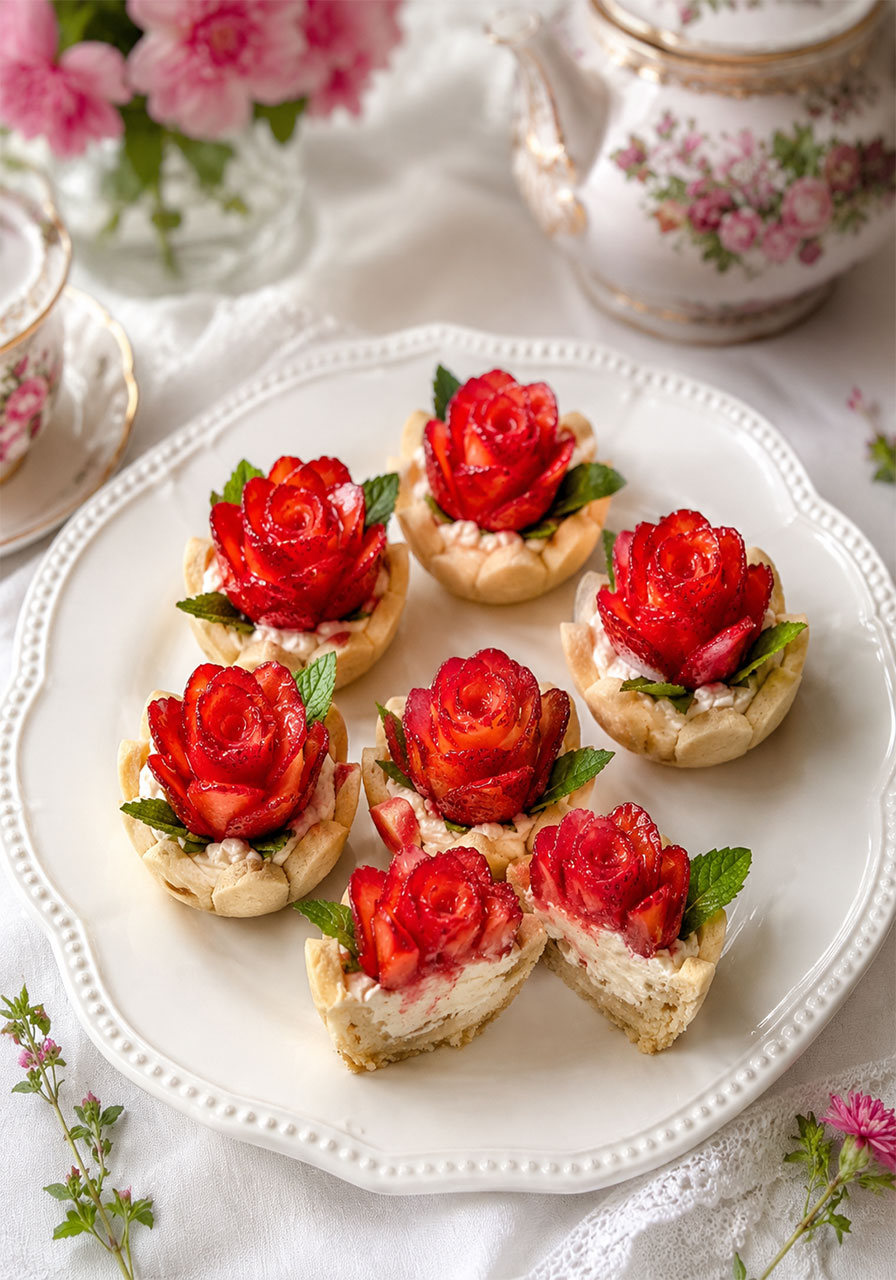Elegant strawberry rose tarts with mascarpone cream filling in shortbread shells for afternoon tea