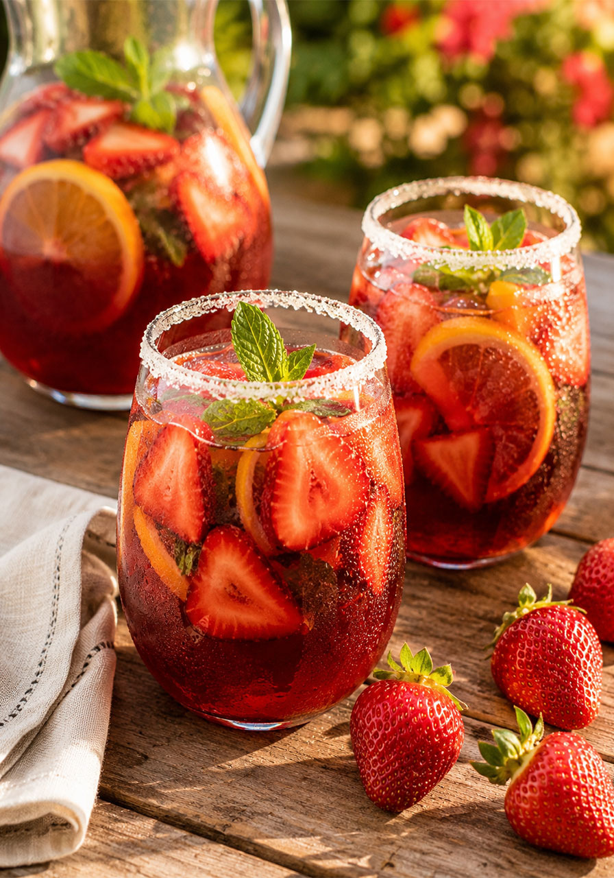 Chilled strawberry sangria in stemless glasses with fresh fruit for summer party drink