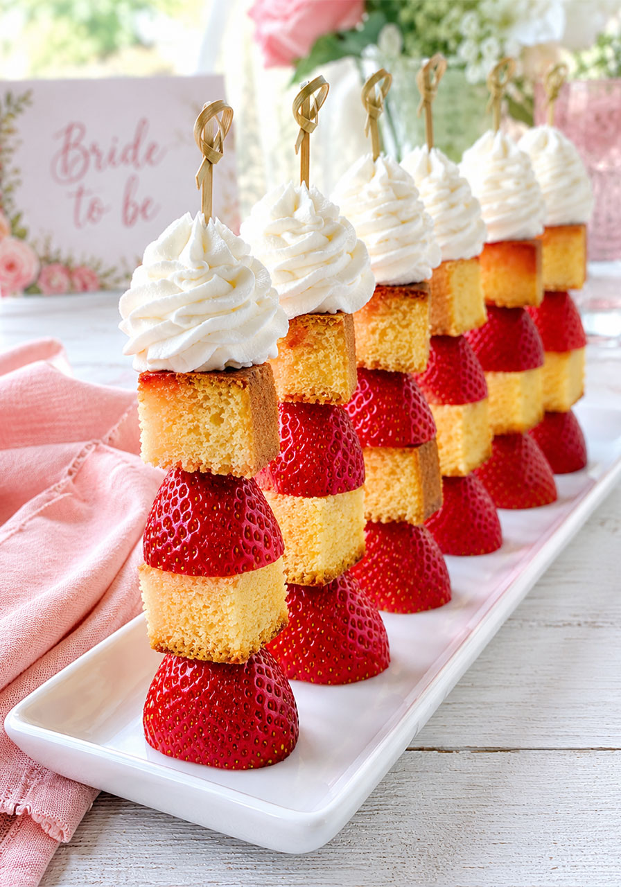 Strawberry shortcake kebabs with fresh berries pound cake and whipped cream on white platter – easy bridal shower food idea