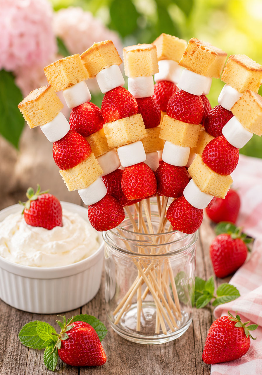 Strawberry shortcake skewers with pound cake and fresh strawberries in mason jar for summer party dessert