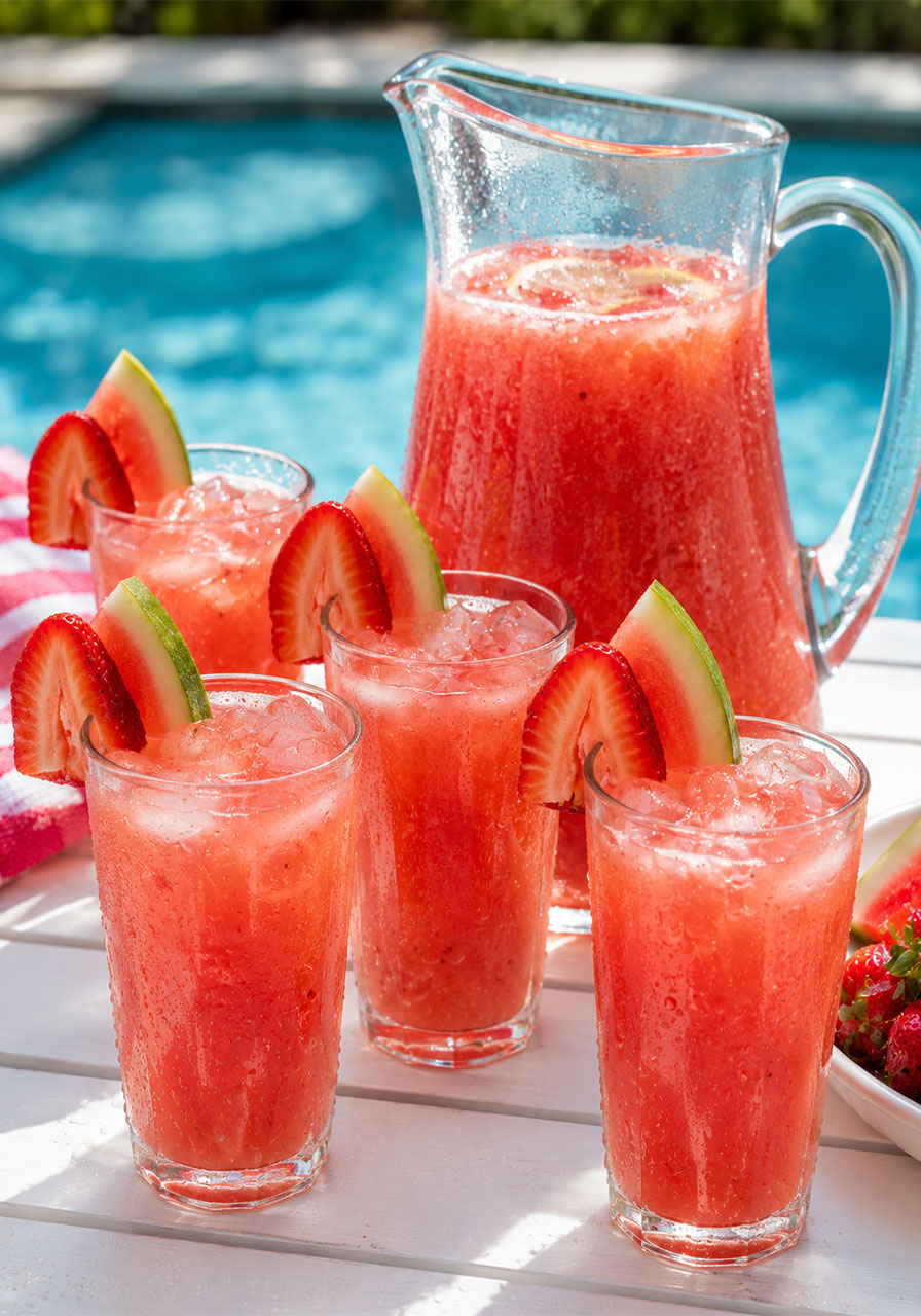 Strawberry watermelon lemonade in a glass pitcher with fresh fruit garnish – refreshing pool party drink recipe