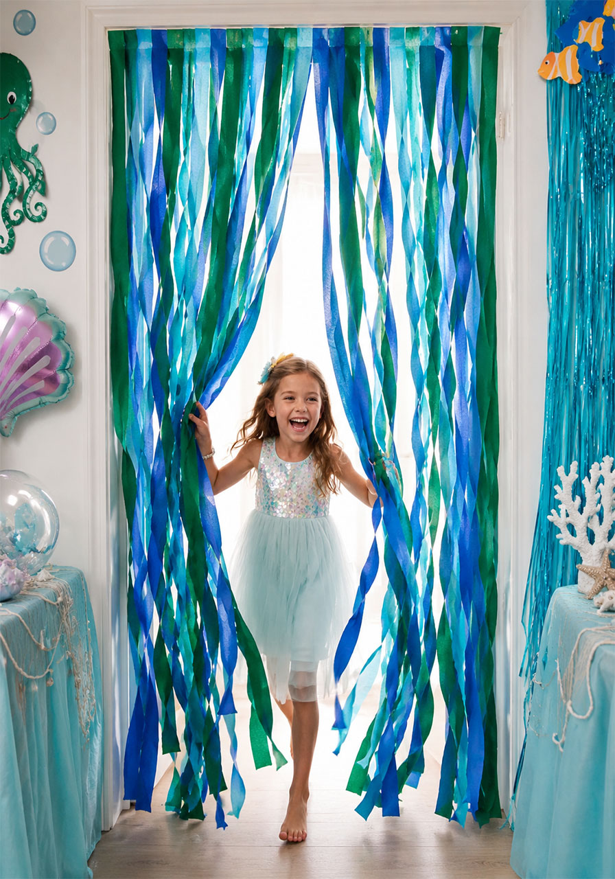 Green and teal crepe paper streamer seaweed doorway curtain for an under the sea birthday party