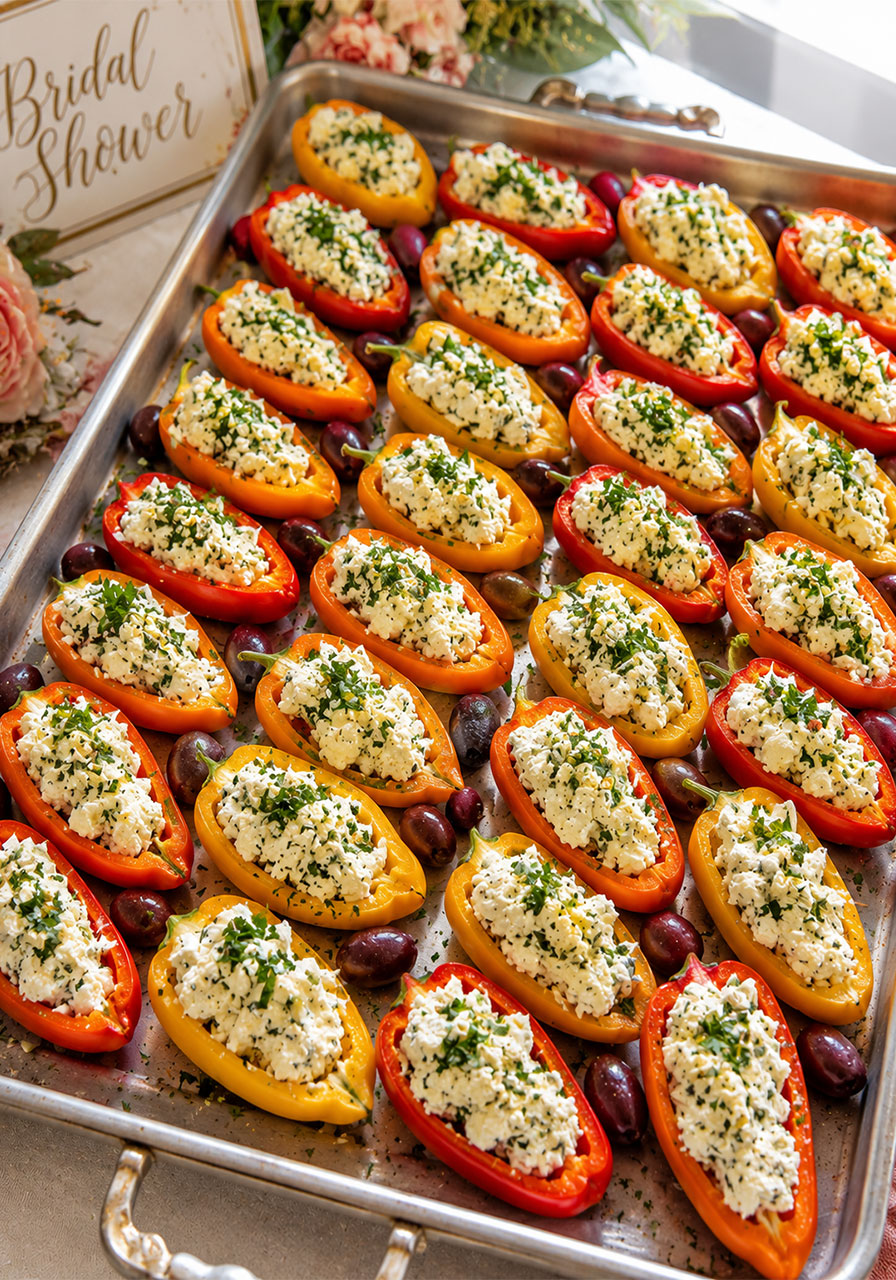 Colorful stuffed mini peppers filled with herbed cream cheese and feta on a baking tray for a vibrant bridal shower appetizer