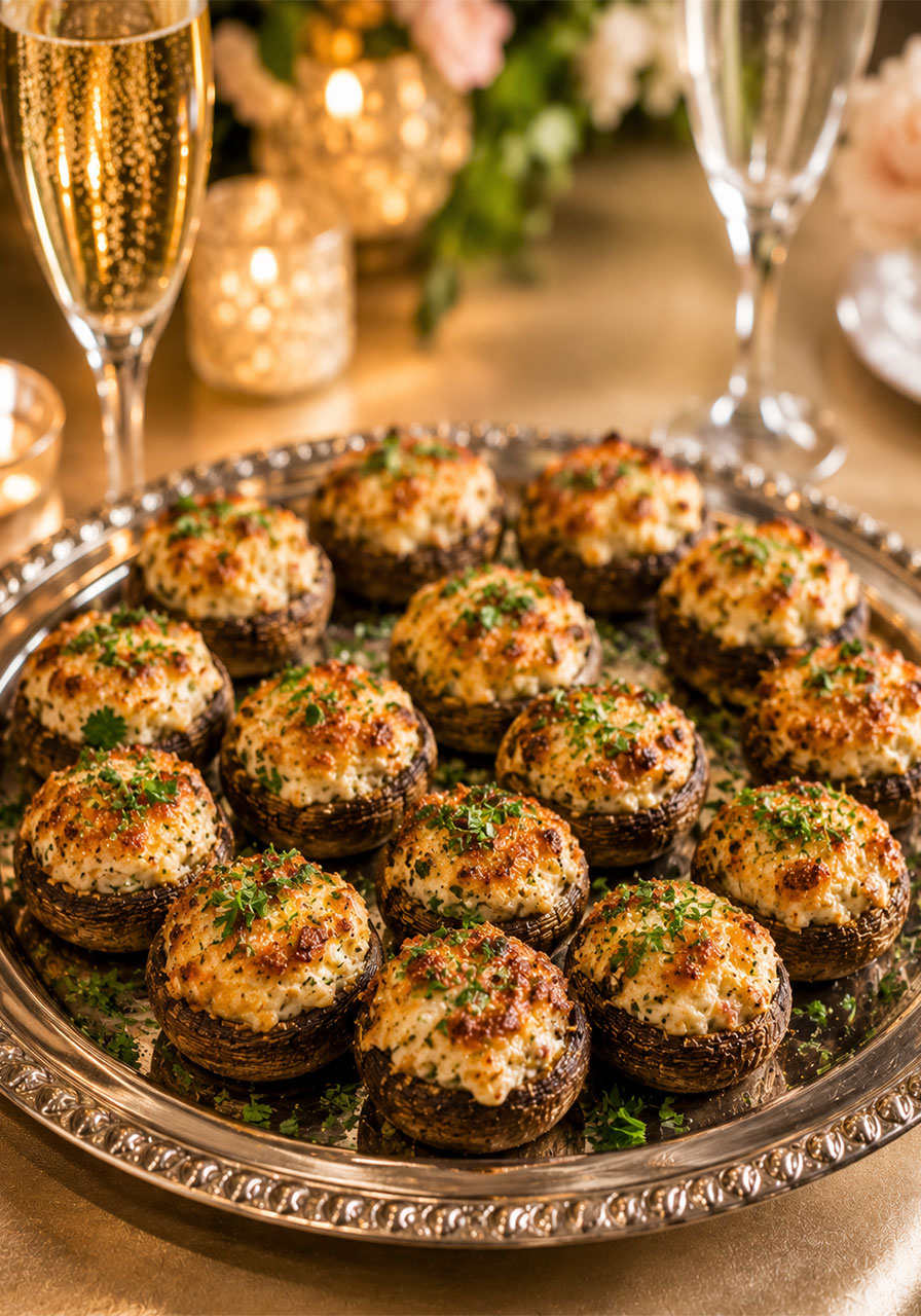Golden baked stuffed mushrooms with cream cheese, Parmesan, and fresh parsley on a silver platter beside champagne for a bridal shower