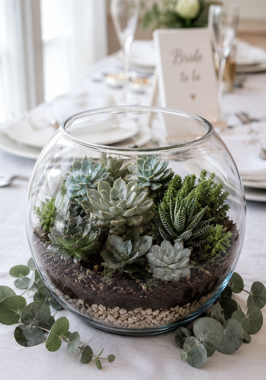 Glass fishbowl terrarium filled with mixed green succulents as a stylish bridal shower table centerpiece on a white linen table
