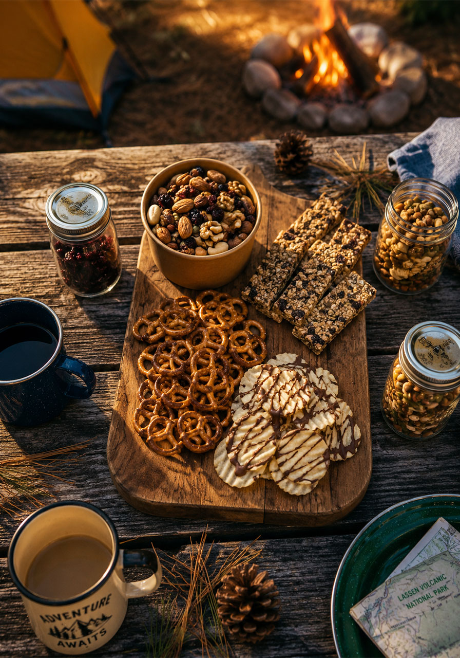 Overhead view of a summer camping snack spread on a rustic picnic table with trail mix, granola bars, and soft pretzels