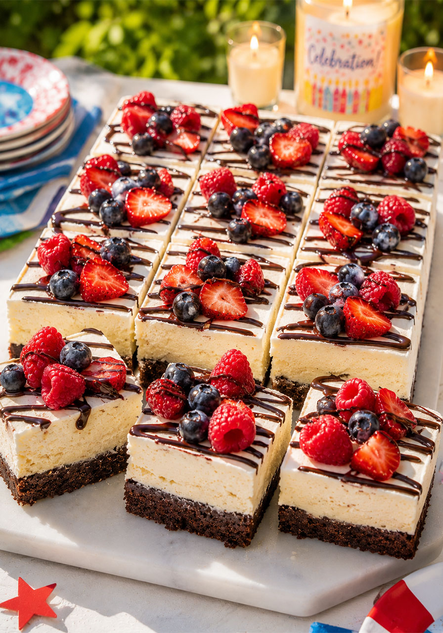 Summer celebration ice cream cake with chocolate brownie base, vanilla ice cream and fresh berries – showstopper pool party dessert