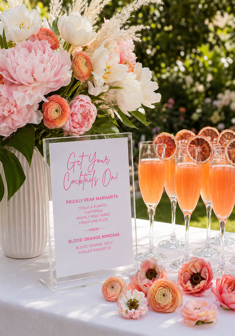 Outdoor summer cocktail bar with acrylic menu sign, blood orange mimosas, and lush blush peony floral arrangement