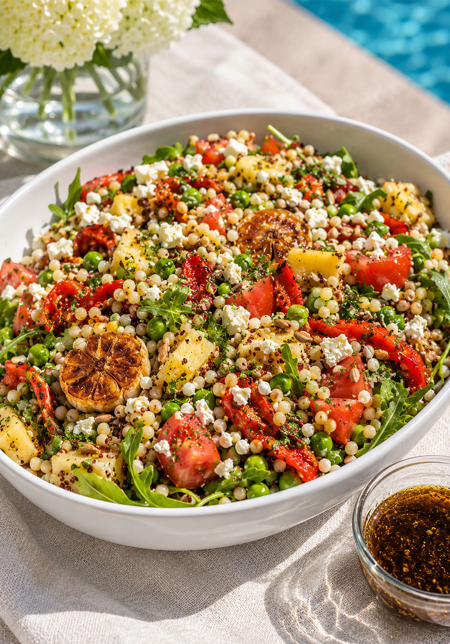 Summer couscous and quinoa salad with roasted peppers, feta and balsamic honey dressing – hearty pool party side