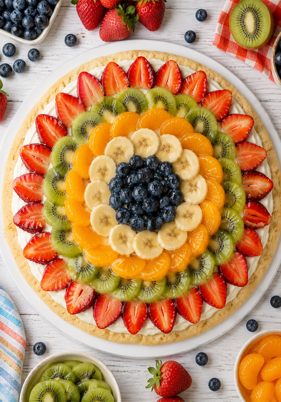 Summer dessert pizza with sugar cookie crust, cream cheese frosting and fresh fruit glaze – stunning pool party dessert