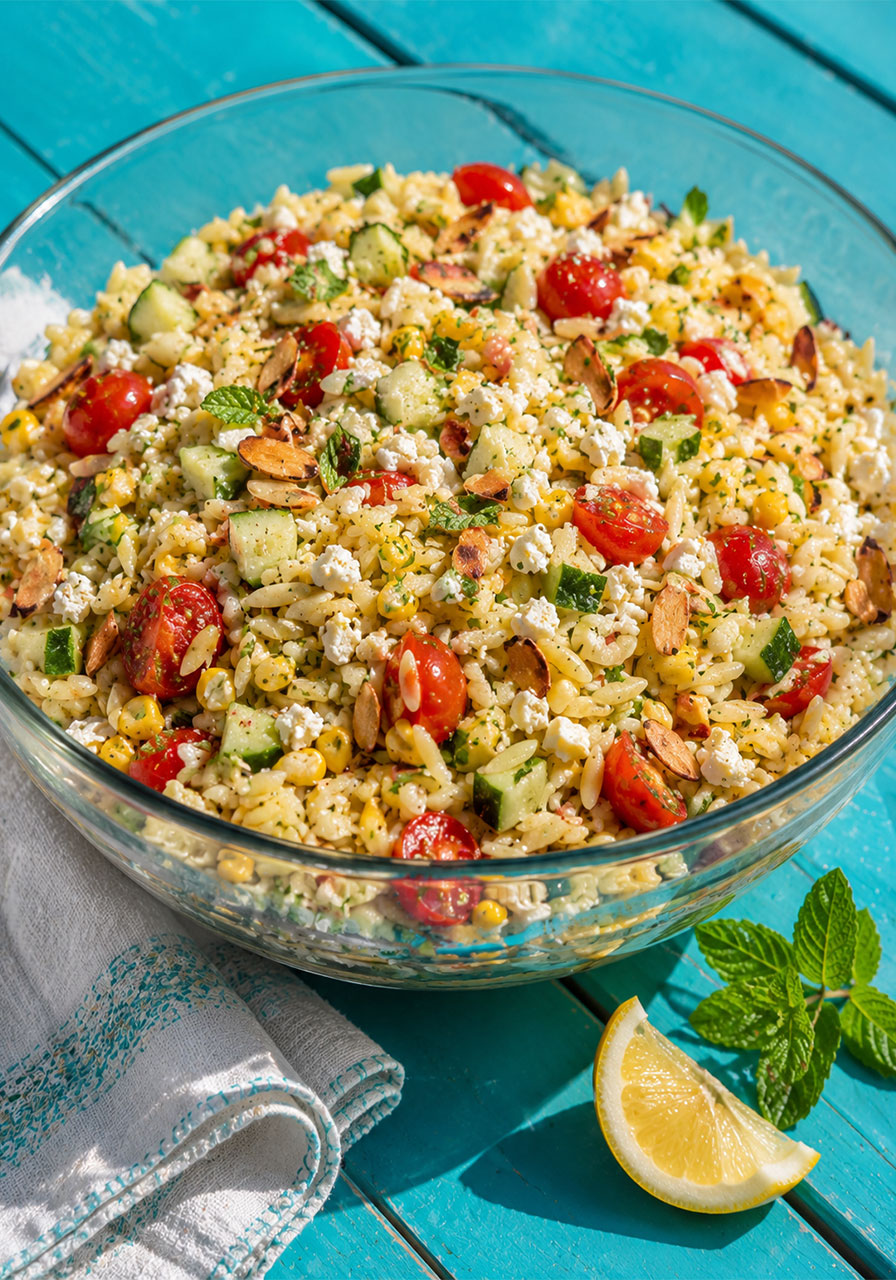 Summer orzo salad with feta, cherry tomatoes, corn and toasted almonds in a glass bowl – easy make-ahead party dish