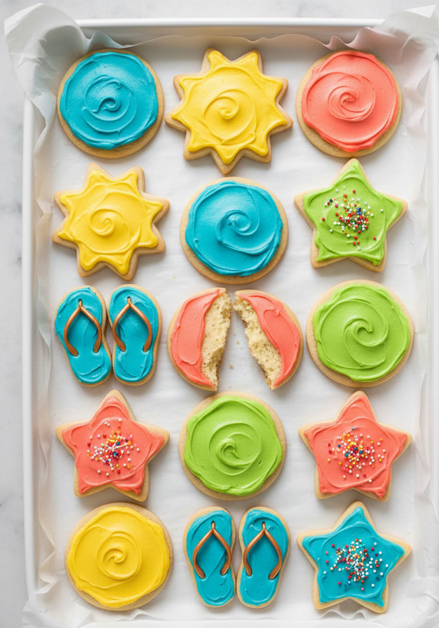 Soft summer sour cream sugar cookies with colorful cream cheese frosting — fun pool party dessert for kids