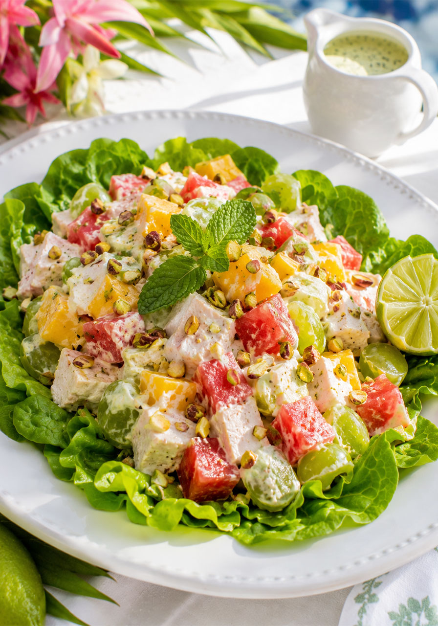 Summer splash chicken salad with mango watermelon grapes and pistachios in lime yogurt dressing, no-cook summer dinner