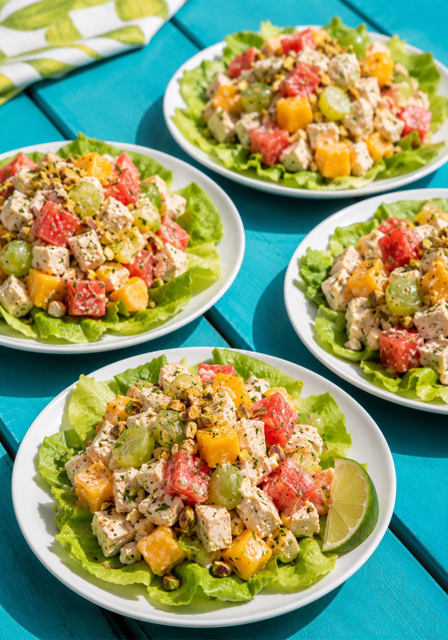 Summer splash chicken salad with watermelon, mango and green grapes on Bibb lettuce – light pool party lunchSummer splash chicken salad with watermelon, mango and green grapes on Bibb lettuce – light pool party lunch