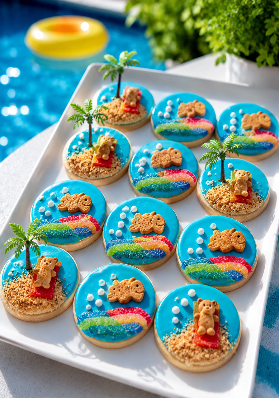 Beach-themed summertime fun cookies with blue ocean frosting and beach decorations – creative kids pool party dessert