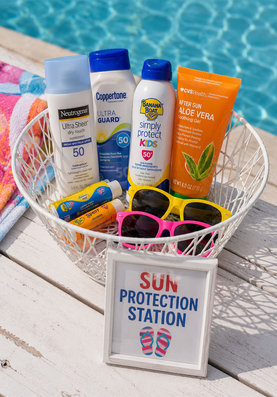 Sun protection station with sunscreen sunglasses and SPF lip balm set up at a summer pool party