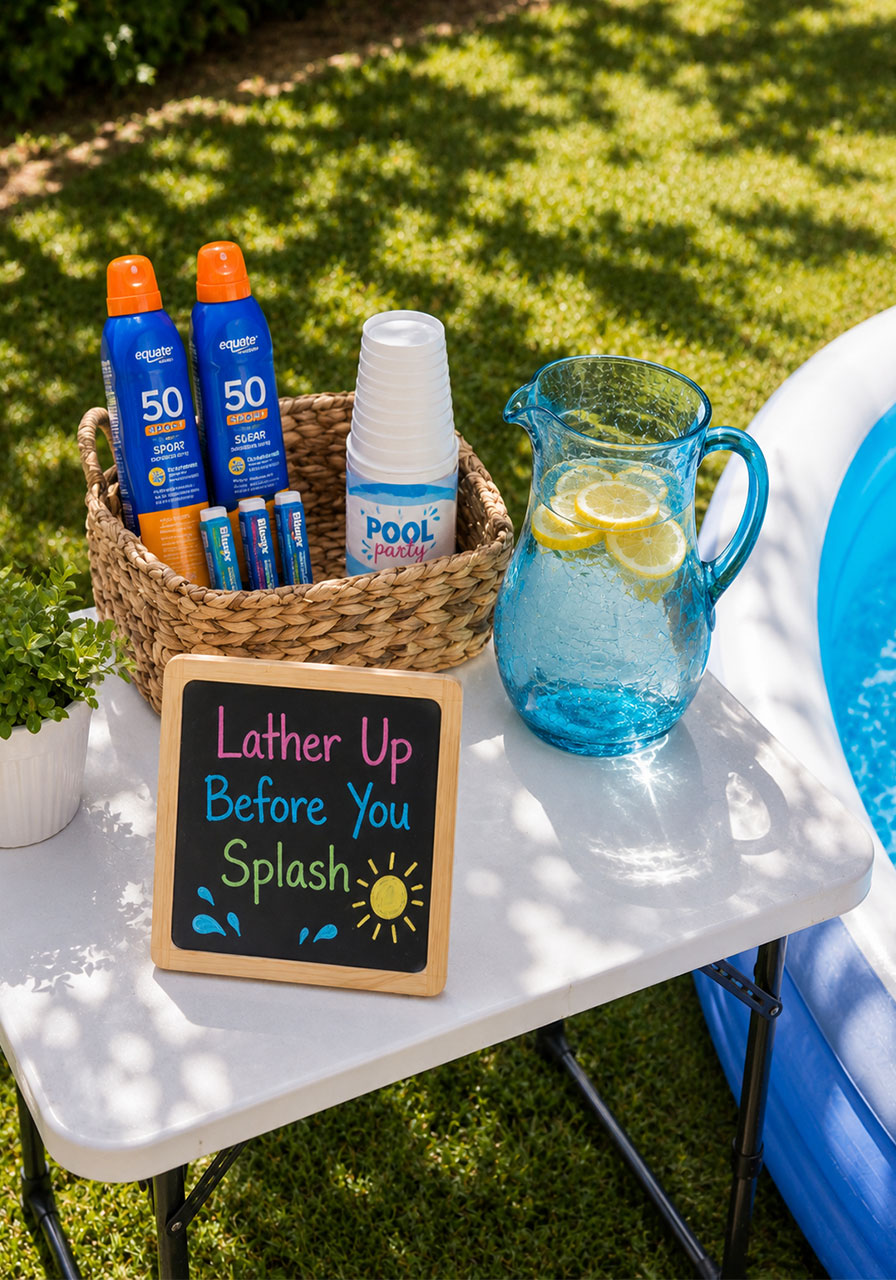 Styled sun safety station with sunscreen bottles, water and chalkboard sign set up beside inflatable pool at kids summer party