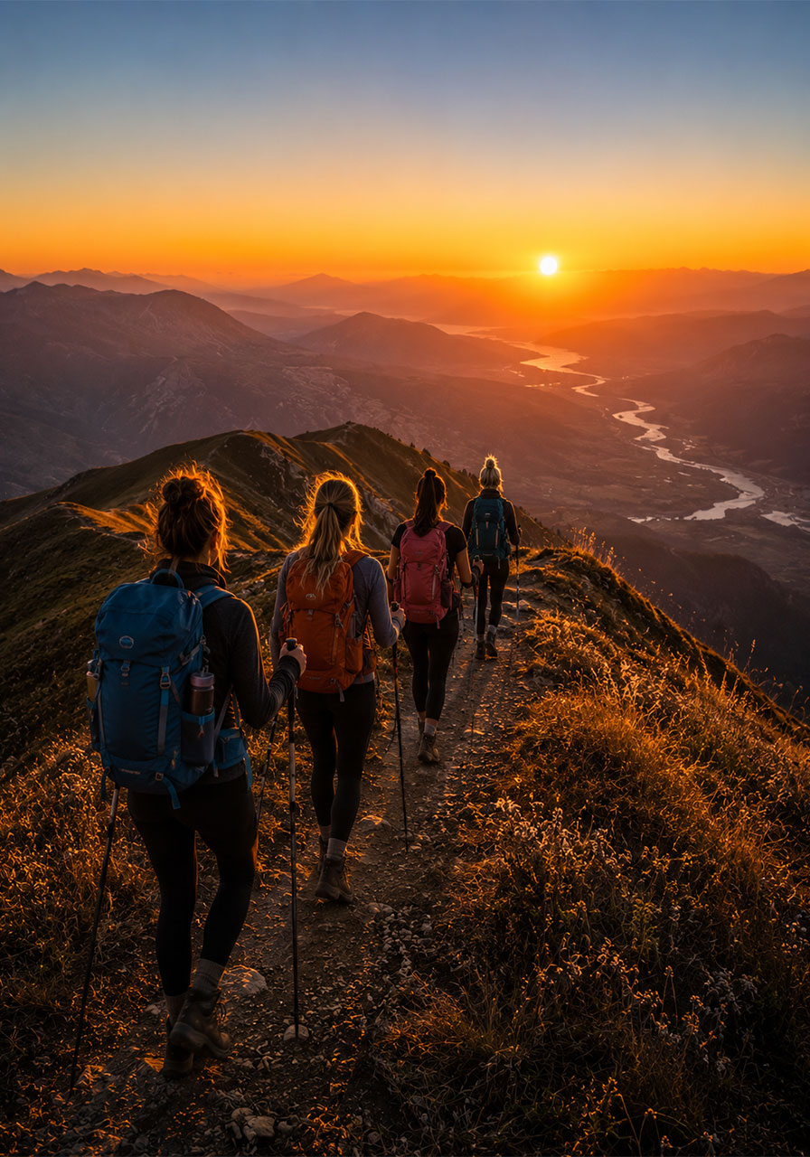 Group of women hiking mountain trail with backpacks at sunset for champagne toast at summit during camp bachelorette party adventure