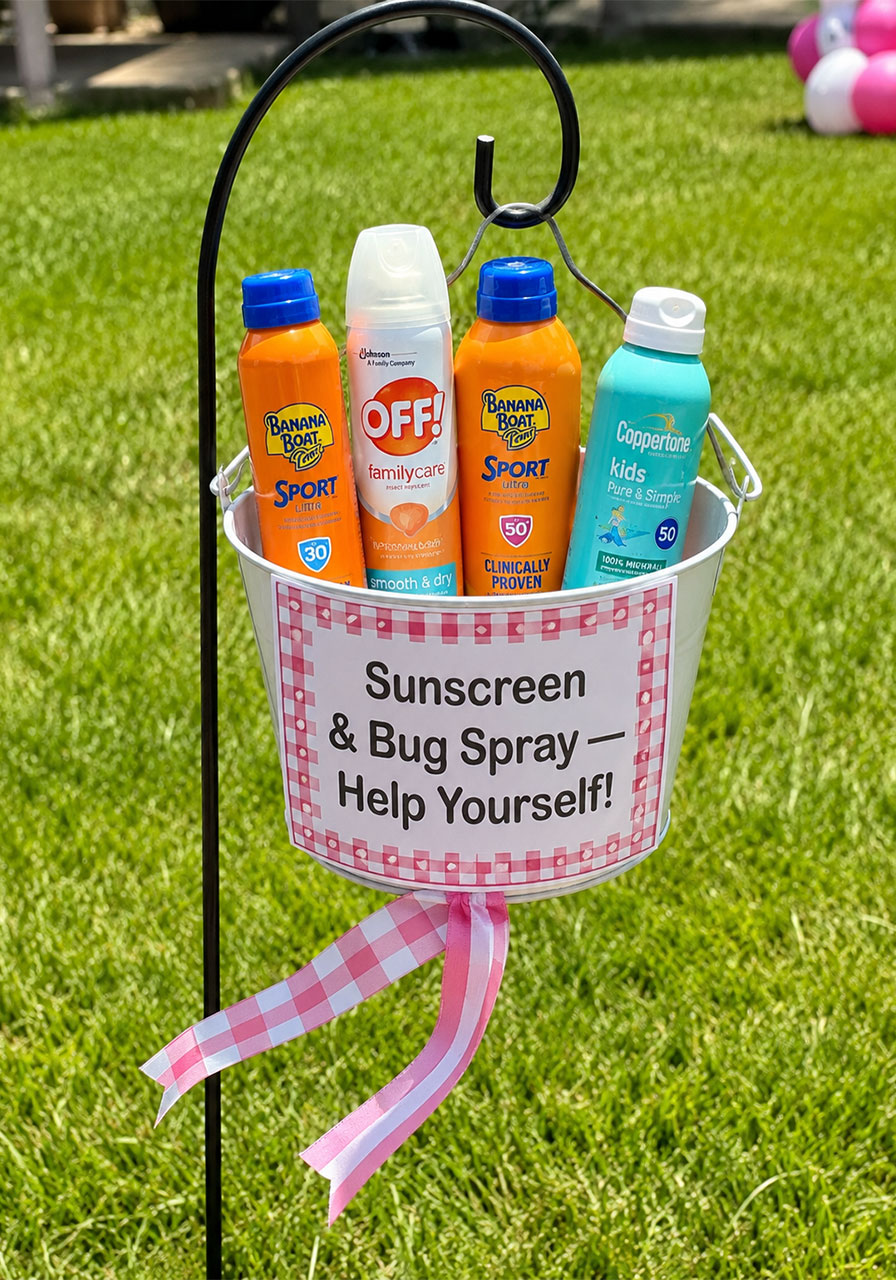 White bucket on a shepherd's hook filled with sunscreen and bug spray for guests at an outdoor graduation pool party