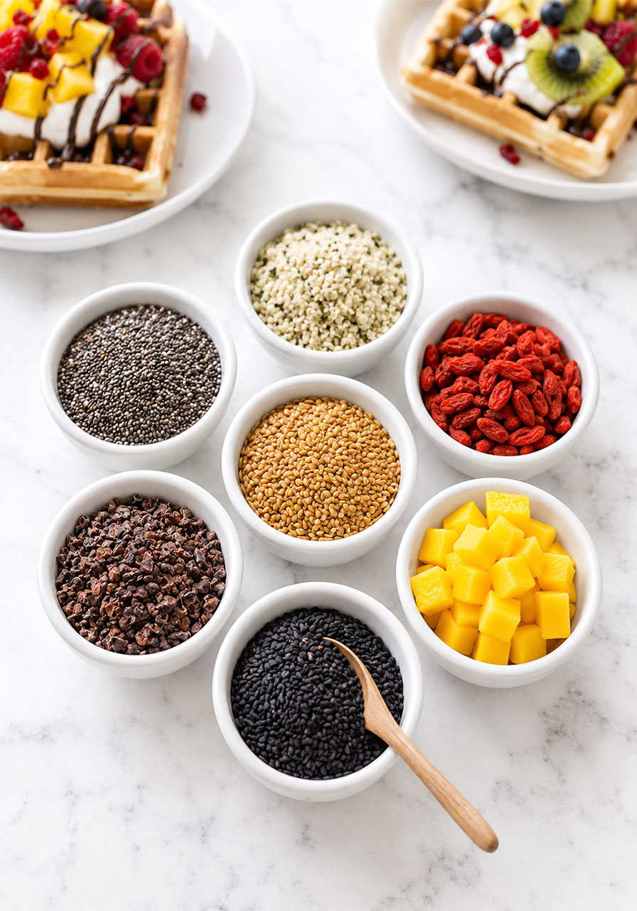 Superfood topping station with chia seeds, hemp hearts, and goji berries for a waffle bar brunch