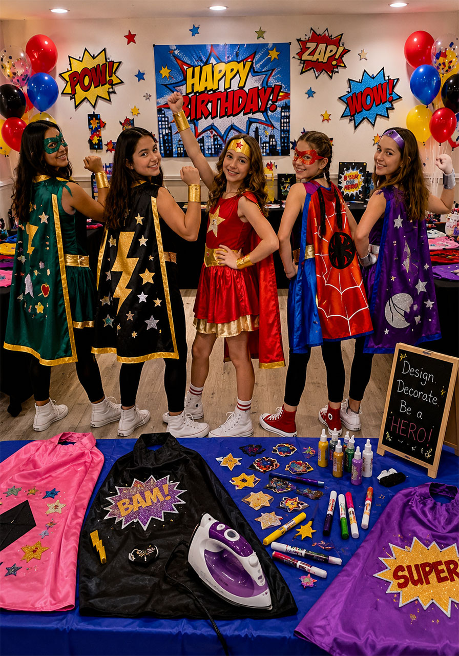 Teen girls in superhero costumes at 13th birthday party with DIY decorated capes and comic book decor