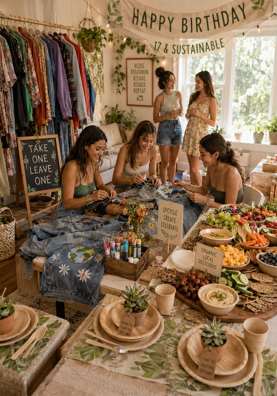 Teen girls at sustainable eco-friendly birthday party with clothing swap rack and organic food spread