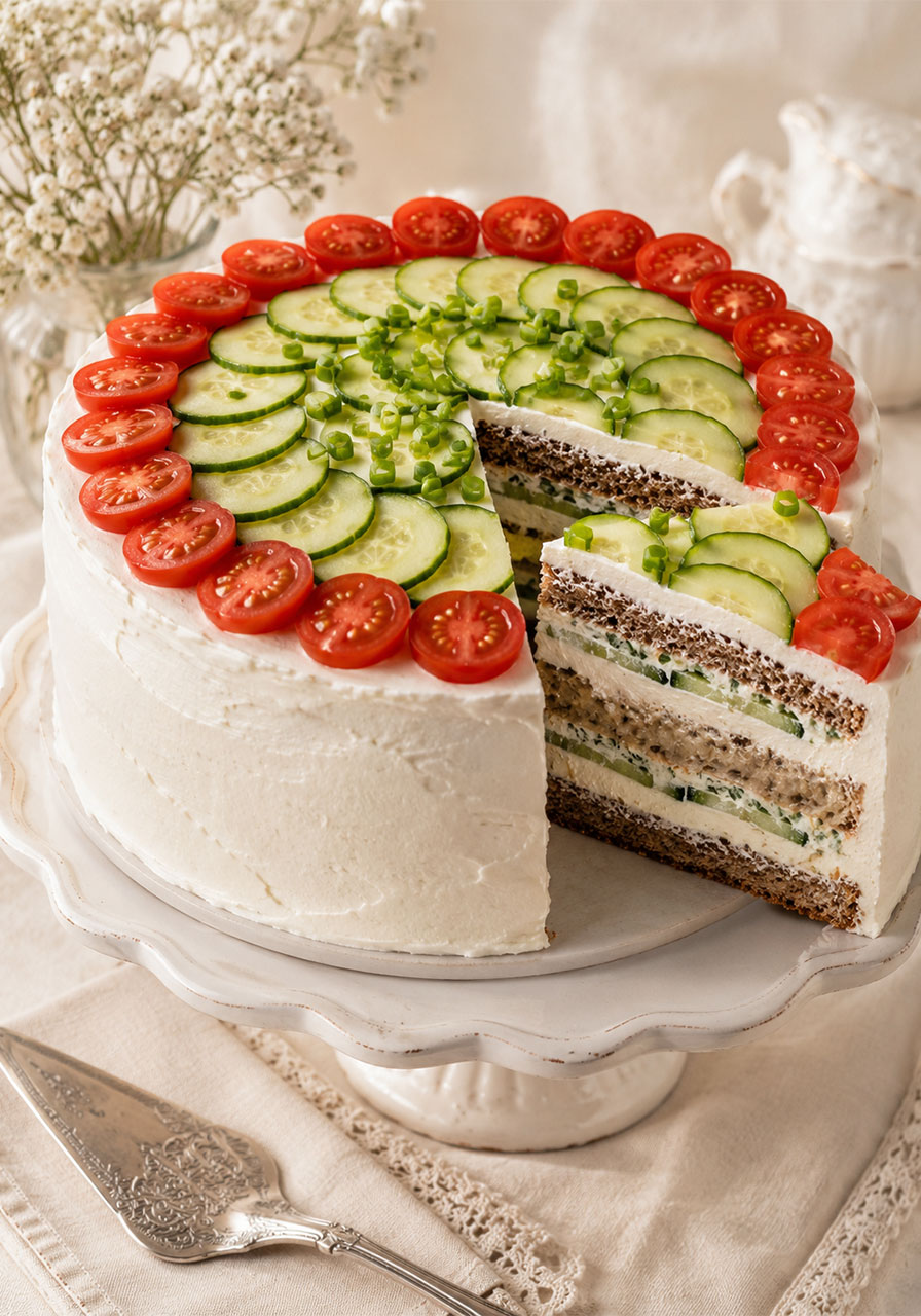 Swedish sandwich cake Smörgåstårta with cream cheese frosting and cucumber topping for vintage tea party