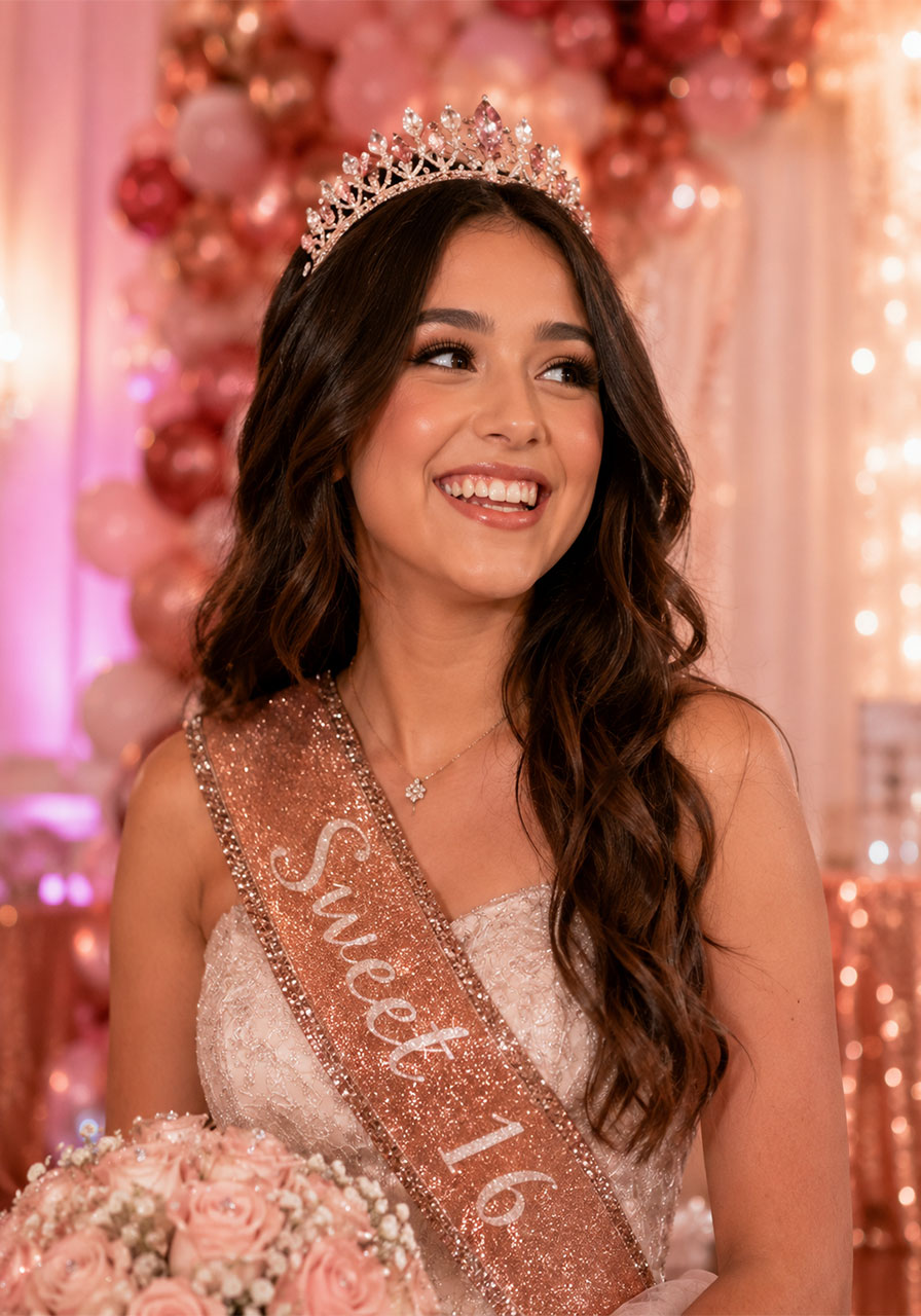 Sweet 16 birthday girl wearing rose gold glitter sash and rhinestone tiara at her rose gold birthday party