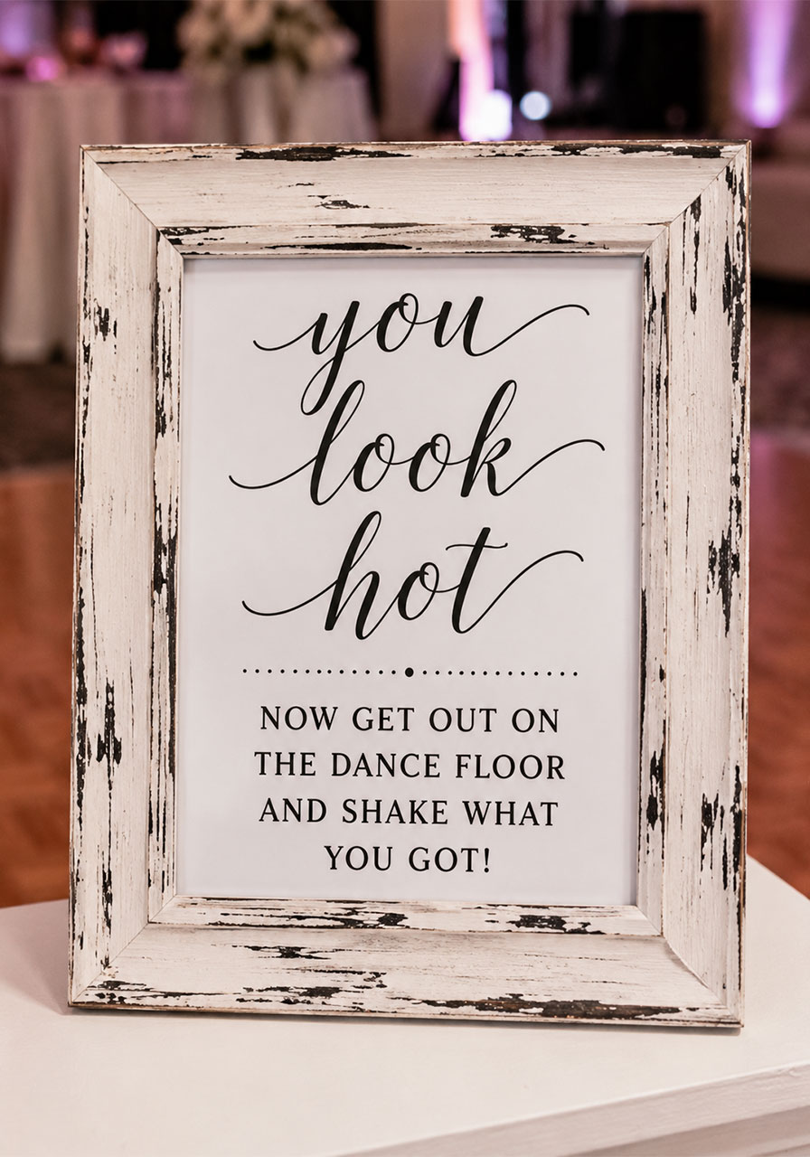 Funny framed dance floor sign reading you look hot for a Sweet 16 birthday party near the DJ area